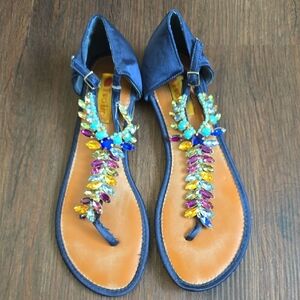 Two Lips Beaded Navy T-Strap Women’s Sandals